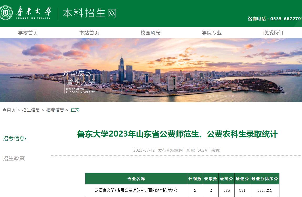 鲁东大学录取分数线2023